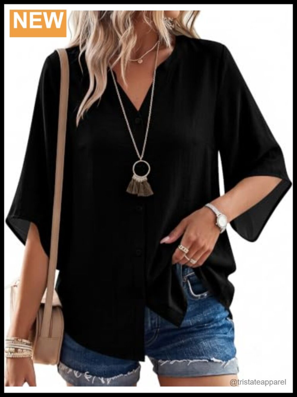 Womens Boho Button Down Shirt 3/4 Sleeve V Neck Loose Fit Blouse